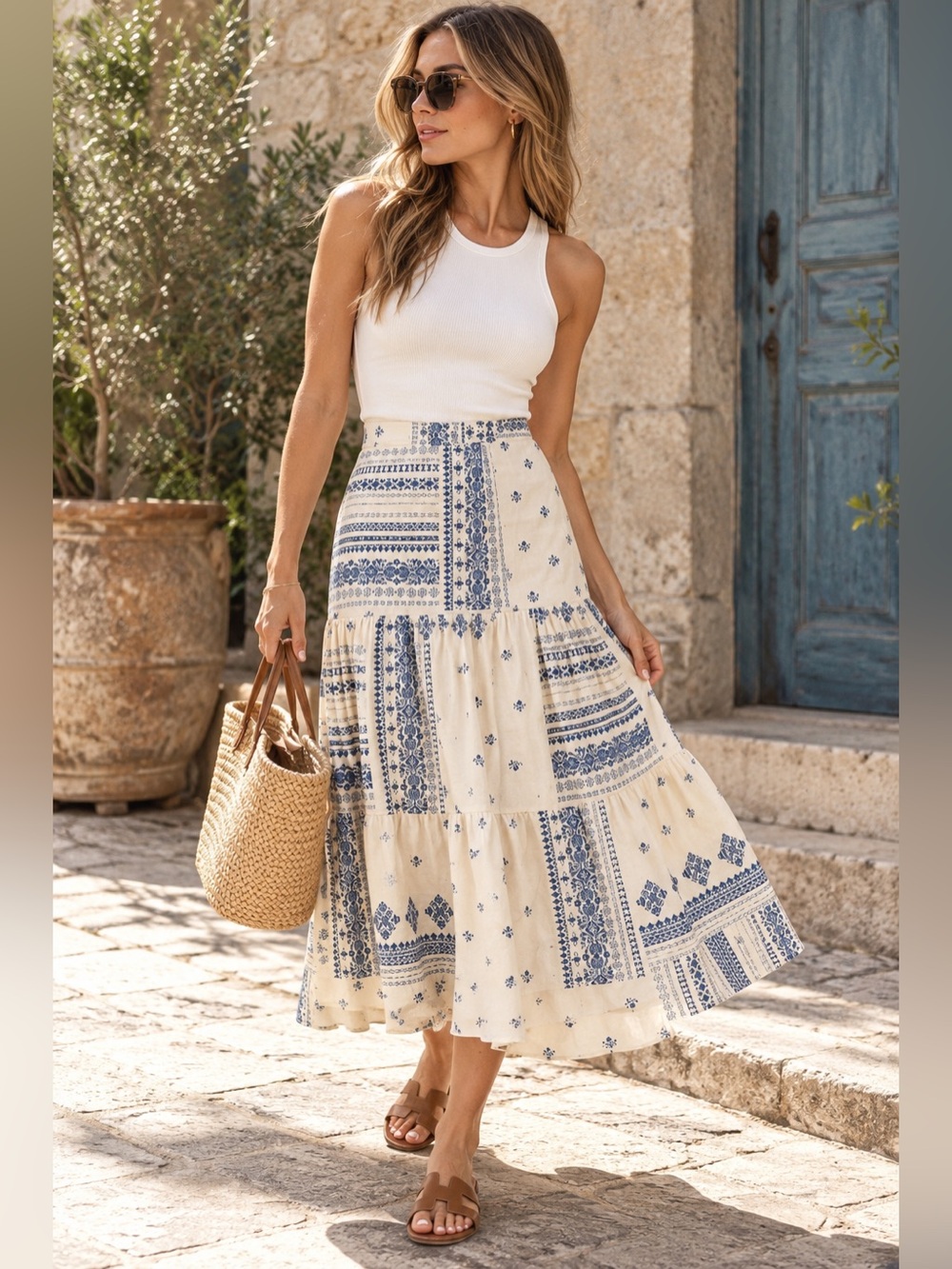 Maison d’Amelie Paris Linen Blend Blue & Cream Tiered Midi Skirt – Medium